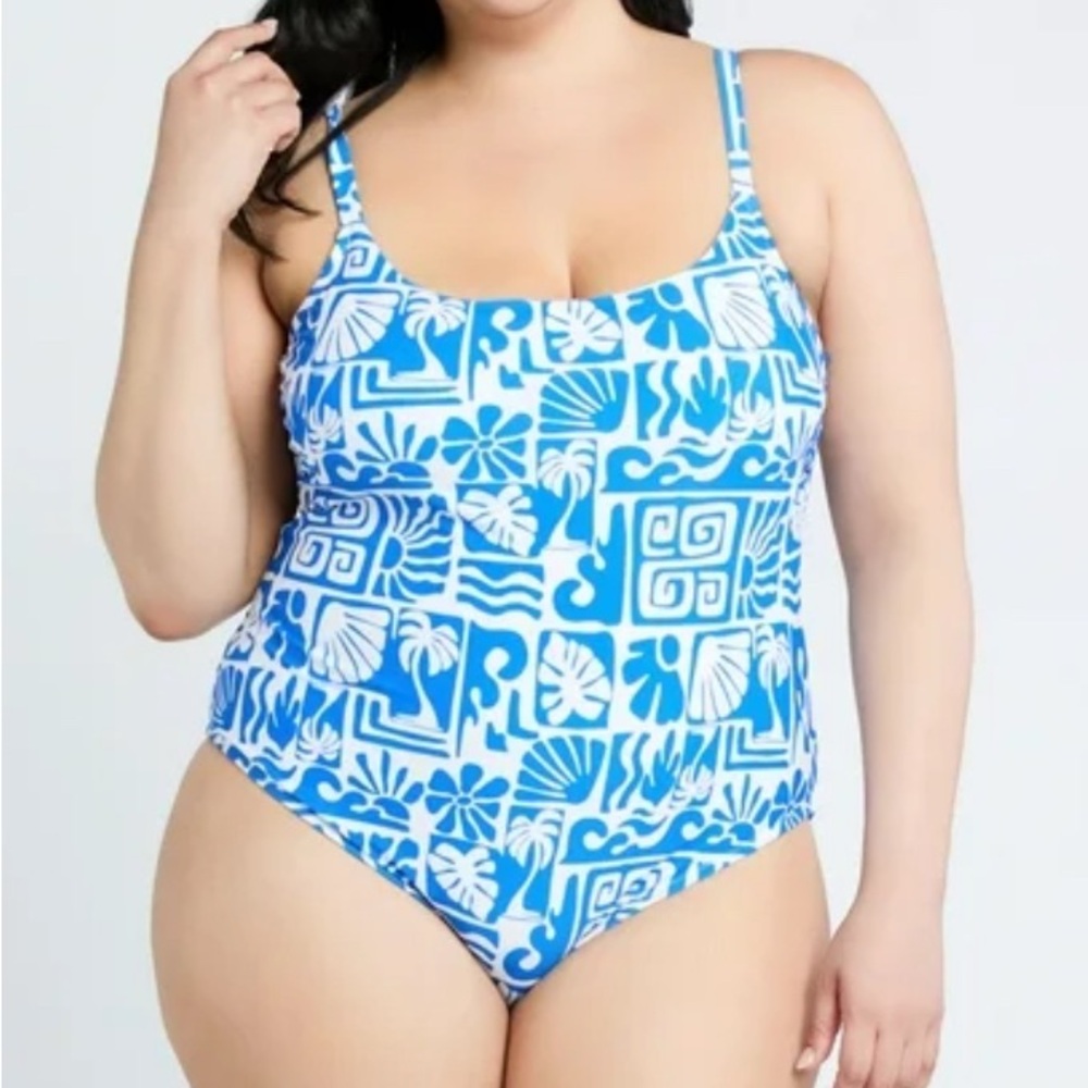 Time and Tru Blue and White Floral One Piece Swimsuit